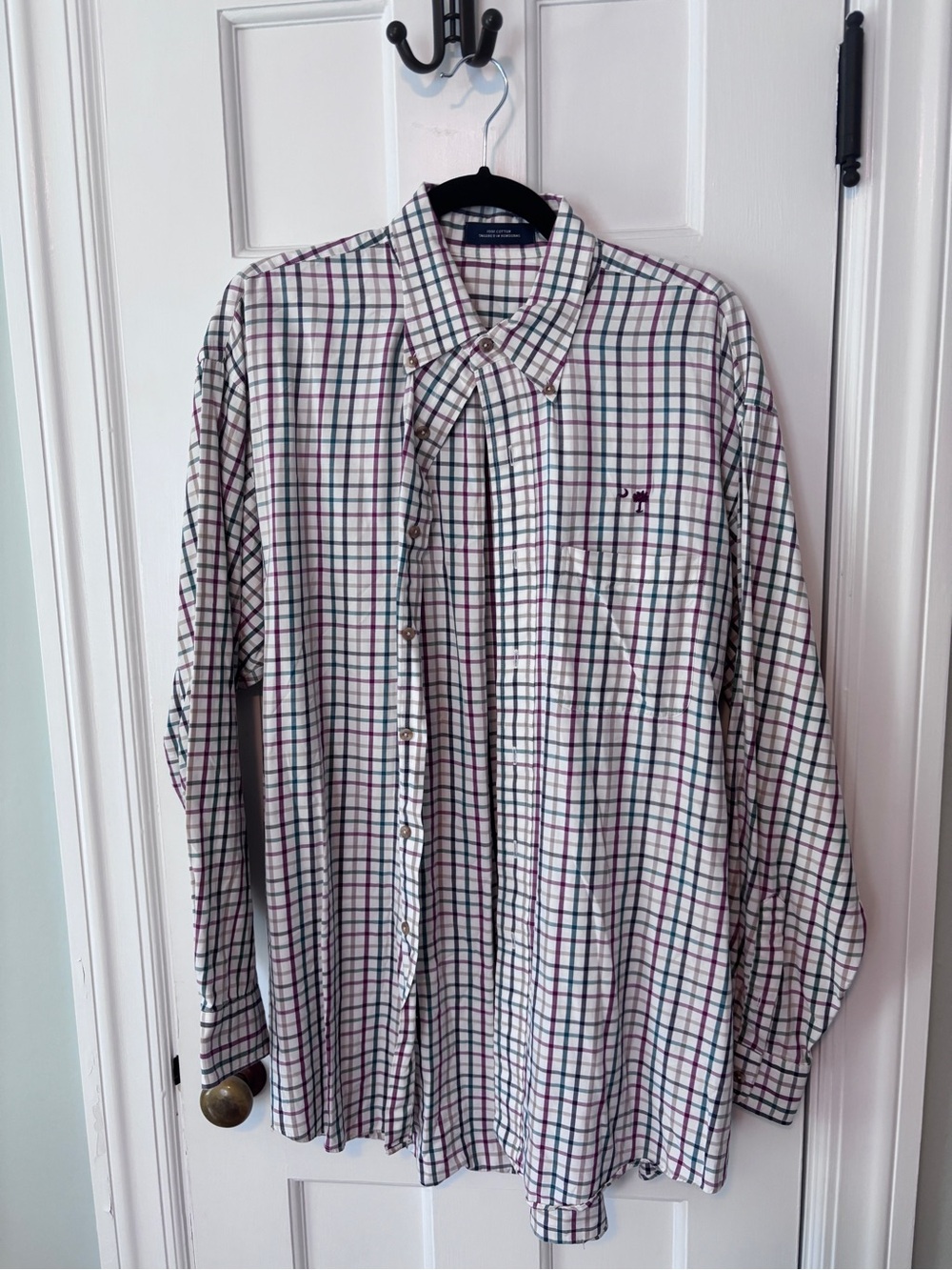 Classic Men's Button-Down Plaid Shirt - White with Blue & Purple Checks